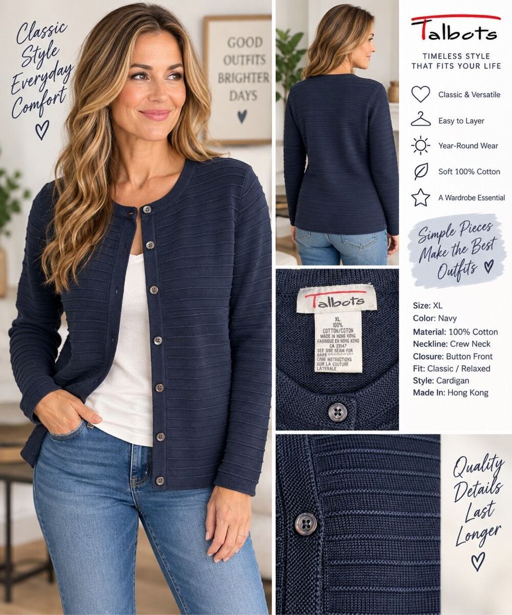 Talbots Women’s XL Navy Blue 100% Cotton Textured Knit Button Cardigan Sweater - Picture 2 of 4